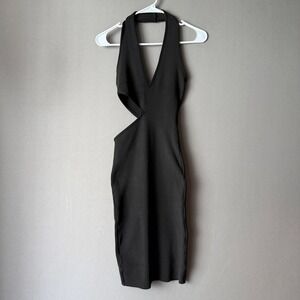 JOHNJOHN sz S Black Halter Cutout‎ Bodycon Midi Dress Mob Wife Luxury